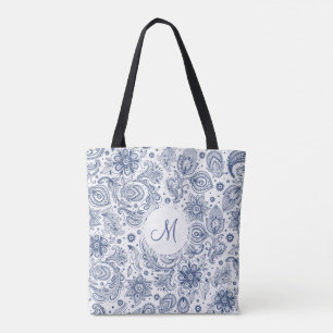 Padrão Floral Azul Monograma Tote Bag