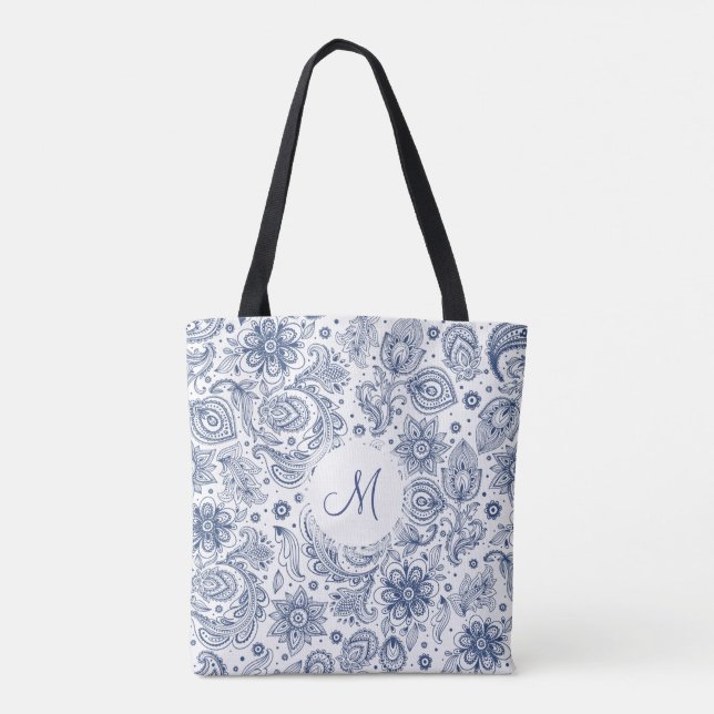 Padrão Floral Azul Monograma Tote Bag (Verso)