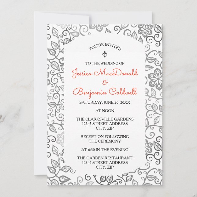 Padrão Floral B&W - Convite de Casamento e Recepçã (Frente)