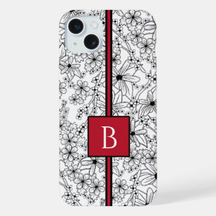 Padrão Floral Branco Preto Desenhado à Mão e Monog