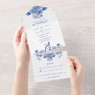 Padrão Floral Chinês Azul e Branco com Pássaro