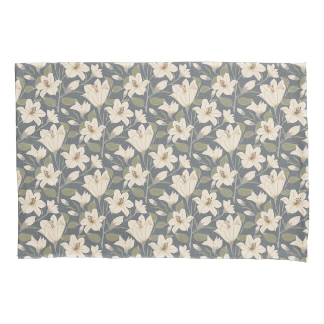 Padrão Floral de Beige Lily Cinza Azul Botânica (Frente-Esquerda)