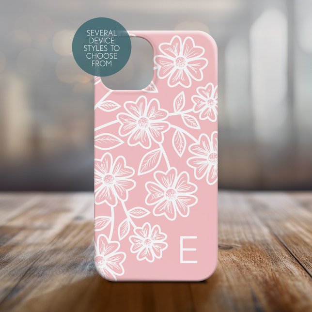 Padrão Floral de Desenho de Linha Branca e Rosa Es (Personalized Phone Case with Custom Text and Trendy Design)