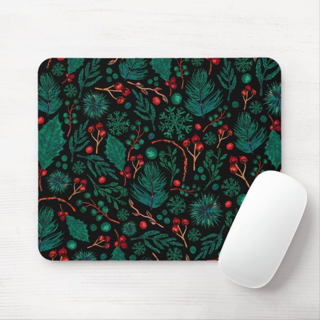 Padrão Floral de Natal de Aquarela | Mousepad (Com mouse)