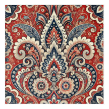 Padrão Floral de Paisley Vermelho, Branco e Azul E