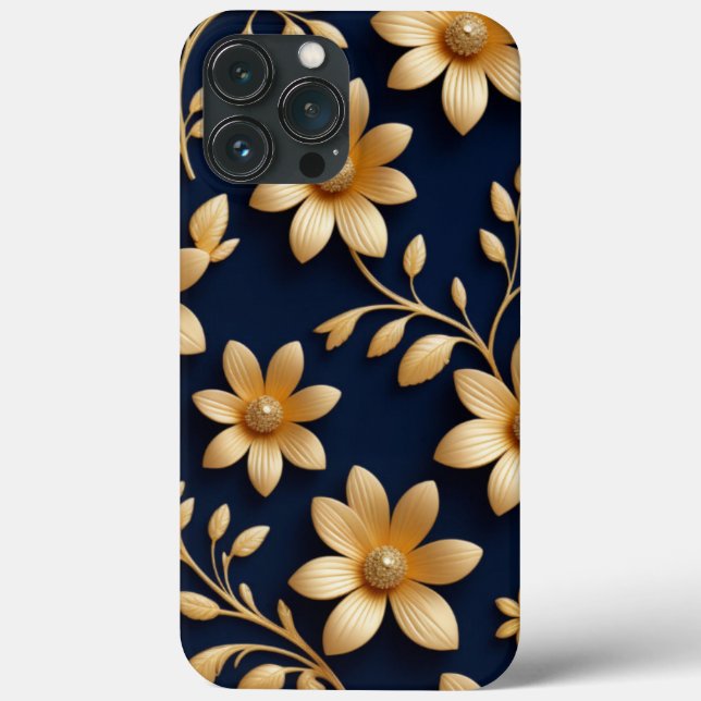 Padrão Floral Dourado e Azul Escuro detalhado Eleg (Verso)
