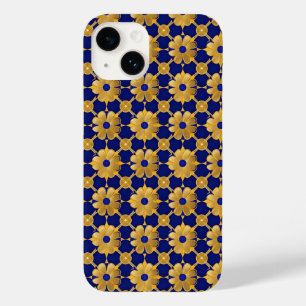 Padrão Floral Dourado Luxuoso, Azul Real Elegante