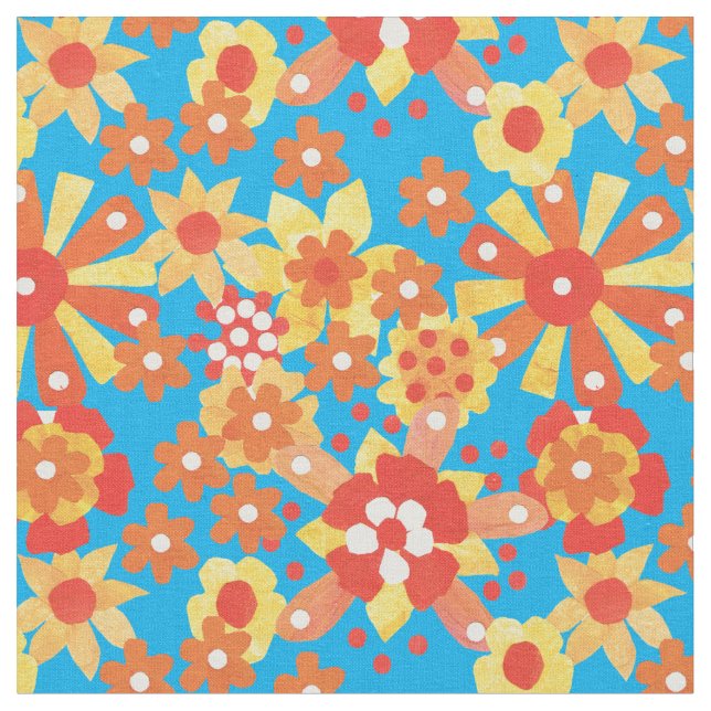 Padrão Floral Laranja Ditsy no Tecido Turquesa (Detalhe)
