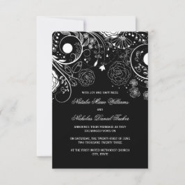 Padrão Floral Preto/Branco-3x5 Anúncio de Casament