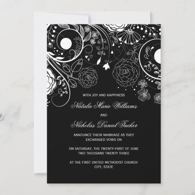 Padrão Floral Preto/Branco - Anúncio de Casamento (Frente)