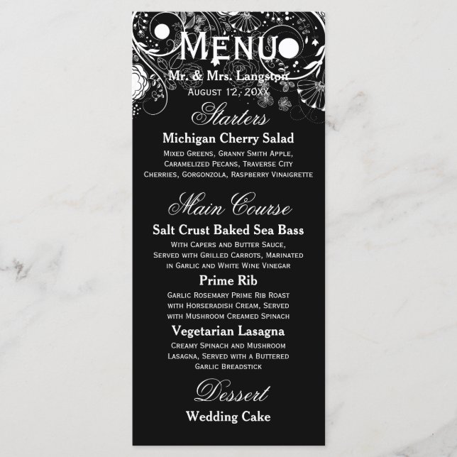 Padrão Floral Preto/Branco - Menu de Recepção (Frente)