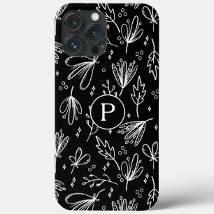 Padrão Floral Preto Branco Monograma Moderno
