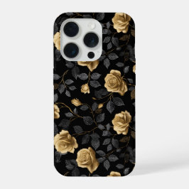 Padrão Floral Preto Rosa Acento Ouro Elegante