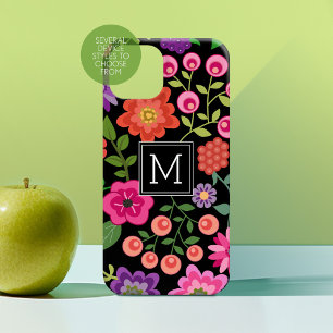 Padrão Floral Preto Trendy com Monograma Personal