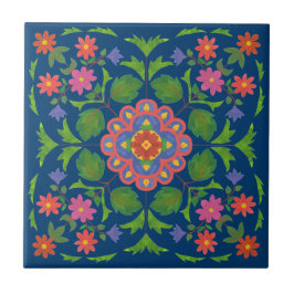 Padrão Floral Rangoli no Azulejo de cerâmica azul