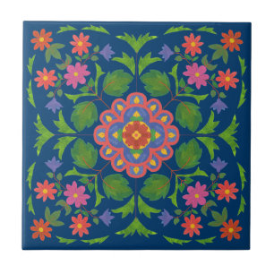 Padrão Floral Rangoli no Azulejo de cerâmica azul