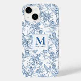 Padrão Floral Toile de Jouy Francês Azul Monograma