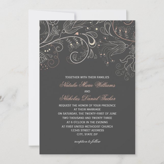 Padrão Floral Tulipa Cinza - Convite de Casamento (Frente)