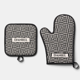 Padrão geométrico preto e branco com nome personal