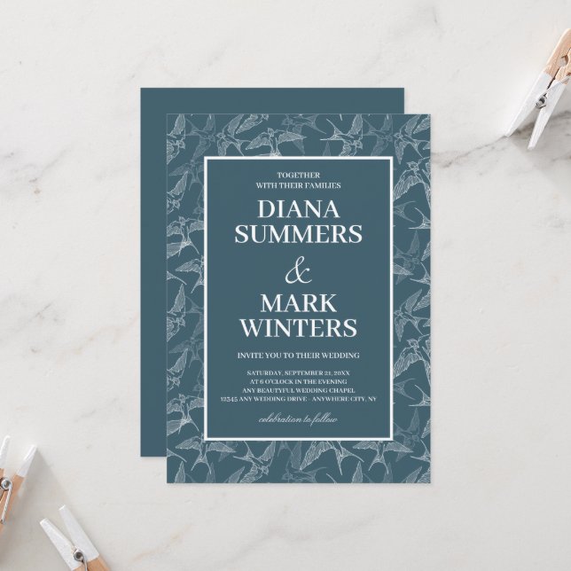 Padrão moderno com andorinhas. Convite De Casament (Frente/Verso In Situ)