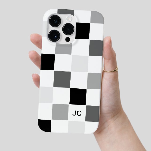 Padrão moderno do Monograma preto e Cinza verifica (Monogram Checkered Black and Gray Modern Pattern Case-Mate iPhone Case)