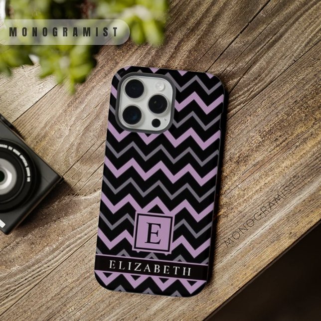 Padrão Personalizável de Cinza Roxo Preto (Customizable Purple Grey Black Chevron Pattern iPhone Case)