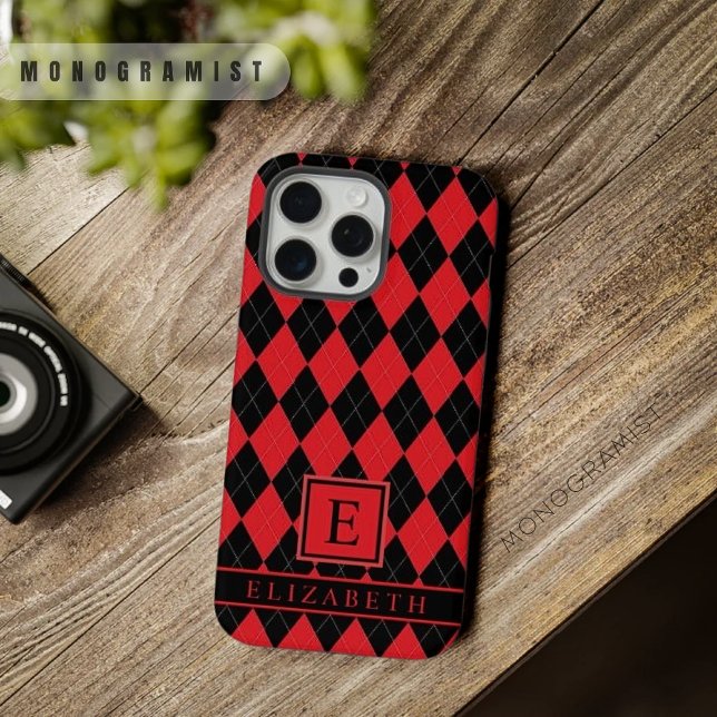 Padrão Personalizável de Estilo Preto Cor-de-Rosa  (Customizable Bright Red Pink Black Argyle Pattern iPhone Case)
