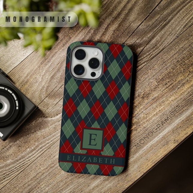 Padrão Personalizável de Estilo Vermelho Verde-Tea (Customizable Dark Teal Green Red Argyle Pattern iPhone Case)