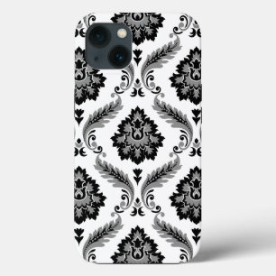 Padrão Rococó Damask Cinza Preto Branco