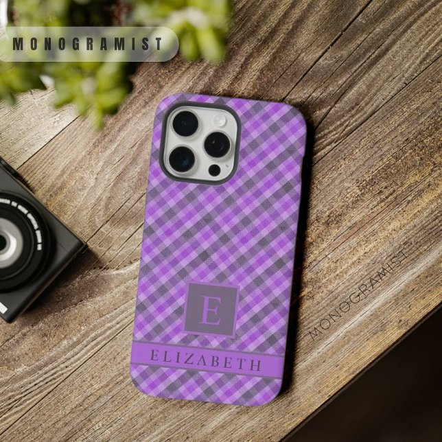Padrão Verificado Preto Púrpura Escuro-Claro Perso (Custom Light Dark Purple Black Checkered Pattern iPhone Case)