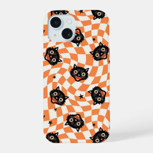 Padrão Xadrez Laranja Gato Preto Retrô