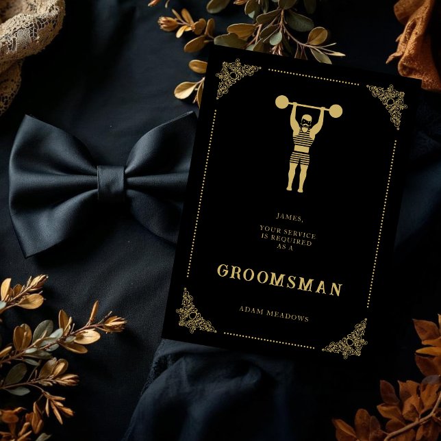 Padrinho de casamento de Efeito do Ouro Vintage St (Vintage Strongman Fake Golden Effect Groomsman & Best Man Proposal Cards.)