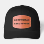 Padrinho, Nome Personalizado,<br><div class="desc">Golf, Baseball e Boné de Caminhoneiro com remendo de couro, diz PADRINHO e Nome personalizado. Lindo presente para festa de casamento, lembrancinhas para despedida de solteiro. O boné está disponível em várias cores, combinações de cores, Retro ou Richardson 112. O remendo está disponível em várias formas. Esta amostra padrão é...</div>