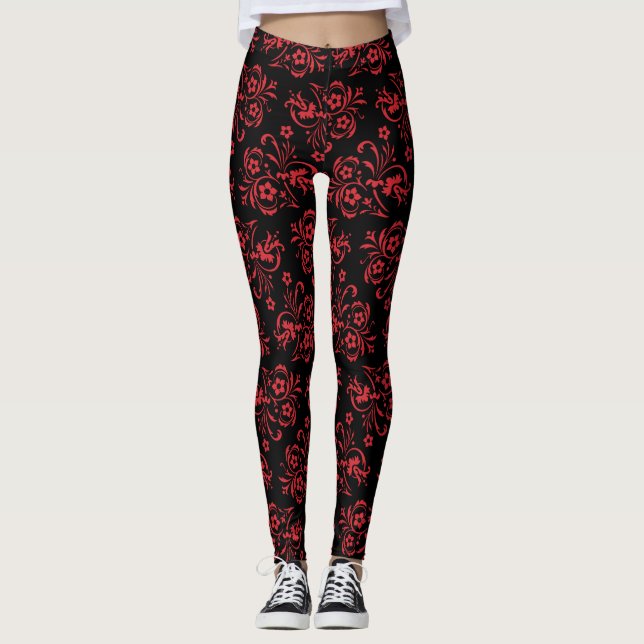 Padrões Florais Vermelhos Leggings Atléticas Femin (Frente)