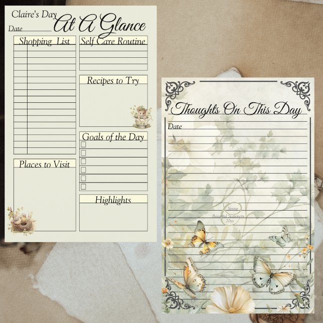 Página Binário Diário de Aves e Borboletas de Cott (Cottagecore Bird and Butterflies Daily Binder Interior Page Front and Back)