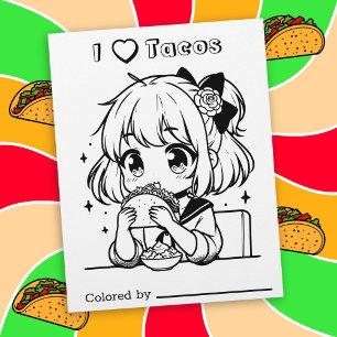 Página Color Me para Crianças Adoro Tacos Anime