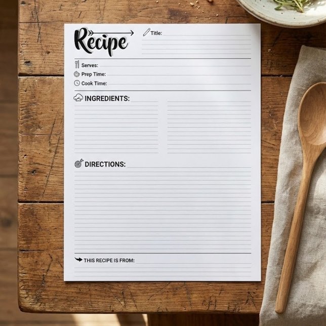 Páginas de Receitas em Branco Minimalistas / Folha (minimalist blank recipe pages, elegant recipe journal inserts, write your own recipe book)