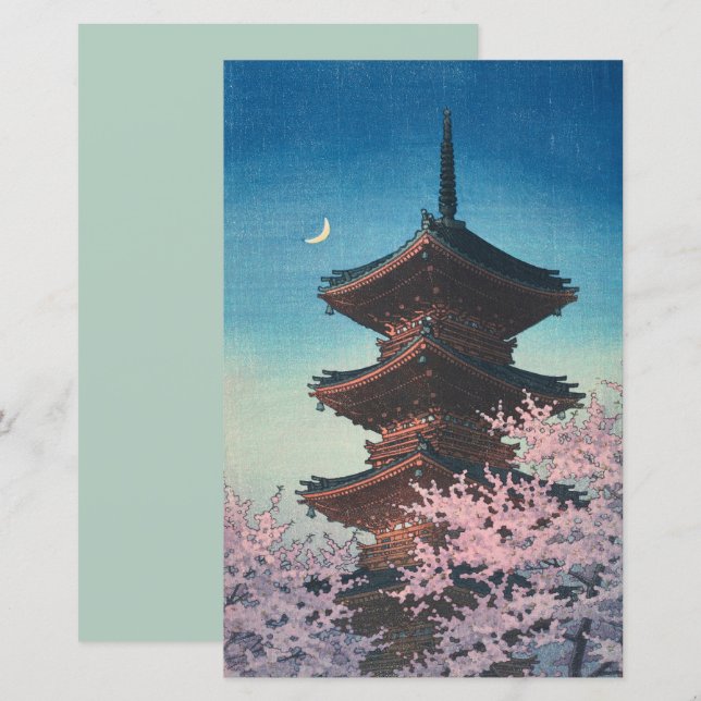 Pagode de uma Primavera Japonesa Antiga em Xilogra (Frente/Verso)