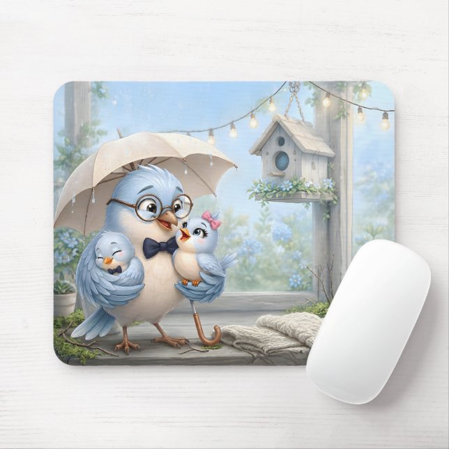 Pai Pássaro Fofo & Bebê Mouse Pad (Com mouse)