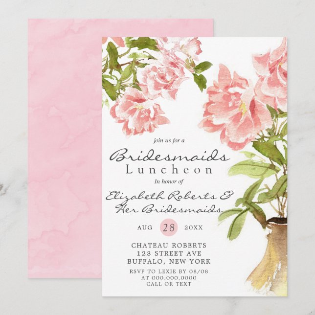 Paint Pink Peony Bridesmaids Convidados para o Lun (Frente/Verso)