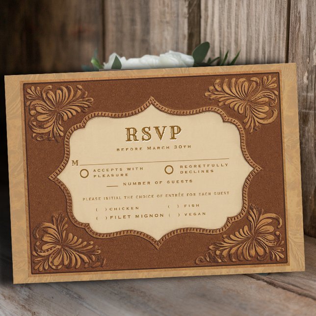 País do Cowboy RSVP de Casamento de Jantar com Cou (country rustic cowboy wedding rsvp meal choice faux tooled leather terracotta cream western frame)