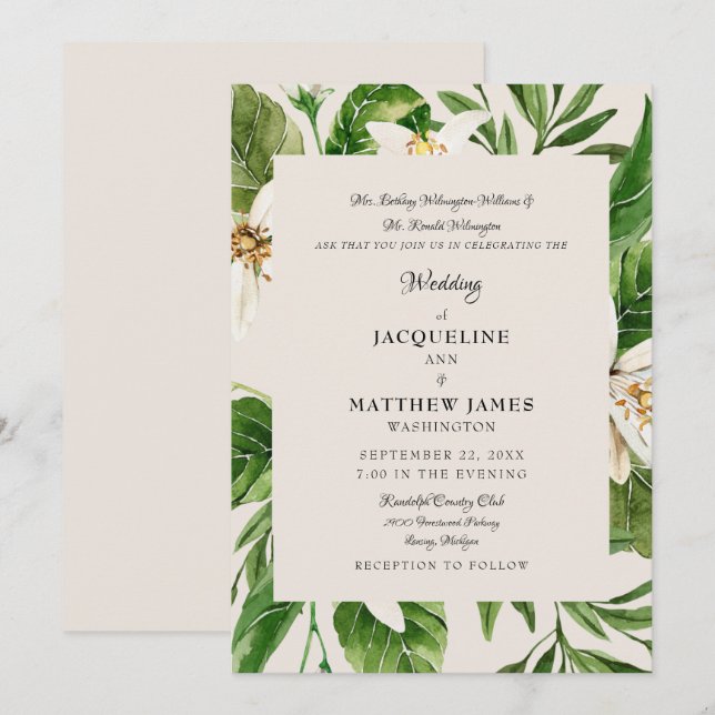 Pais Folhagem Modernos Convite Casamento Creme Mat (Frente/Verso)