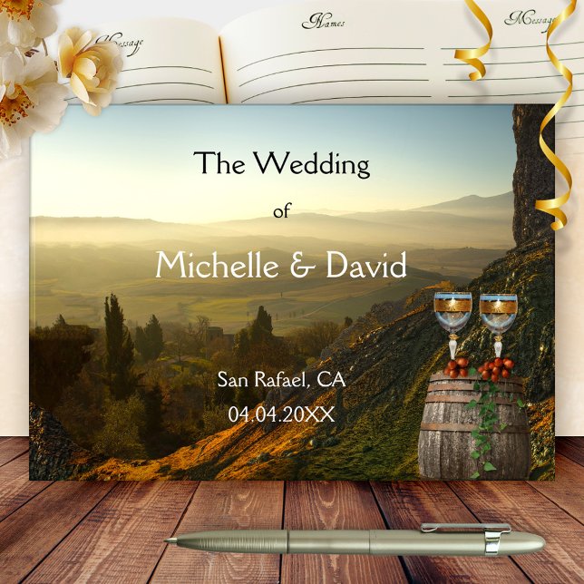 Paisagem Arte Vinha Tema Vinho Casamento Livro de  (Vineyard, winery or wine themed wedding guest book showing a landscape with glasses on a wine barrel)
