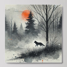 Paisagem da Floresta de Aquarela com Fox