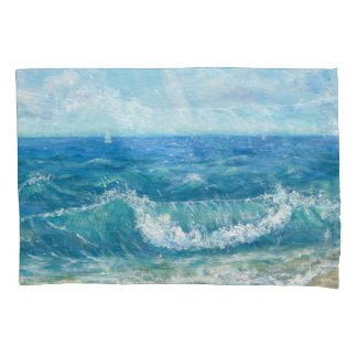 Paisagem de verão, ondas azuis, pintura acrílica.