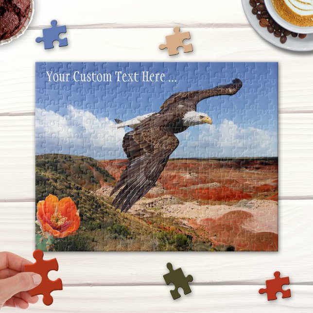 Paisagem Fantástica com Quebra-cabeça de Águia Bal (Puzzle featuring a fantasy landscape with bald eagle and blossoming cactus)