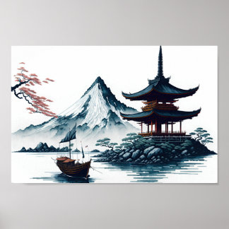 Paisagem japonesa com pagoda poster