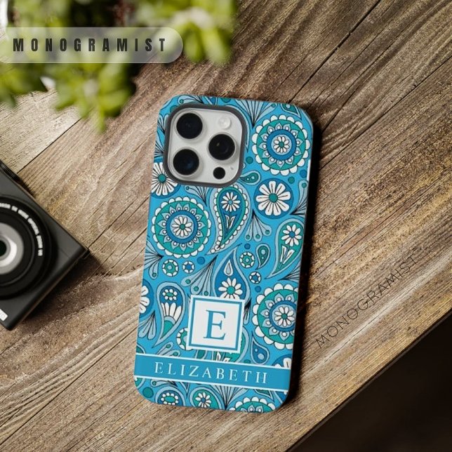 Paisley Branco Azul Brilhante Personalizável (Customizable Bright Light Blue White Paisley iPhone Case)