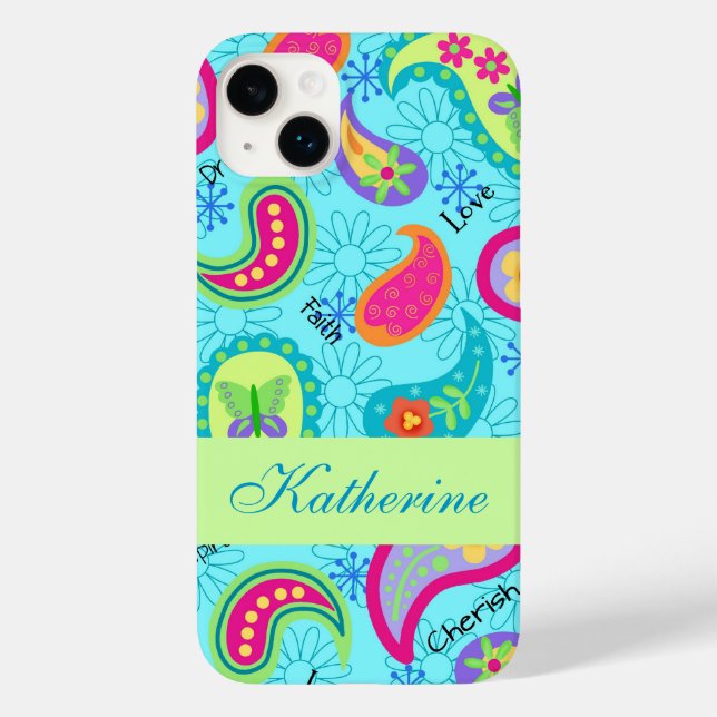 Paisley Modern Name Personalizado Turquoise Blue (Verso)