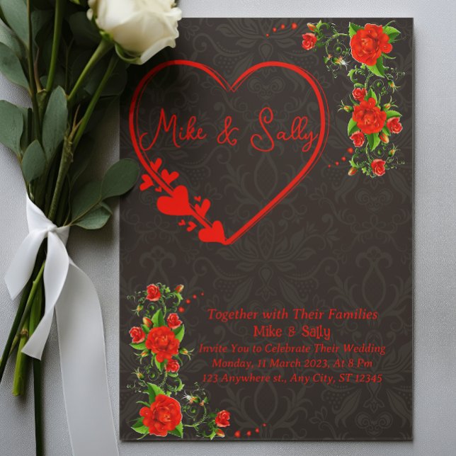 Palavra de Convite do Rosa vermelha Wedding (Red Roses Wedding Invitation, Red floral wedding invitation, Red wedding invite, Red flowers and gre)